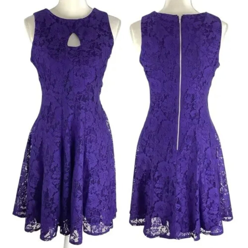 DANNY & NICOLE Sleeveless Lace Fit & Flare Dress Dark Purple Party Wedding Work - Picture 3 of 15